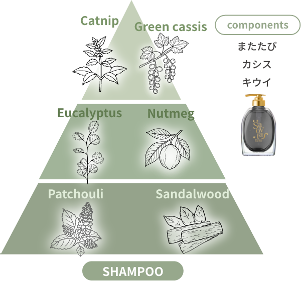 またたび、カシス、キウイを配合。TOPはキャットニップ、グリーンカシス、ミドルはユーカリ、ナツメグ、ボトムはパチュリ、サンドウッド
