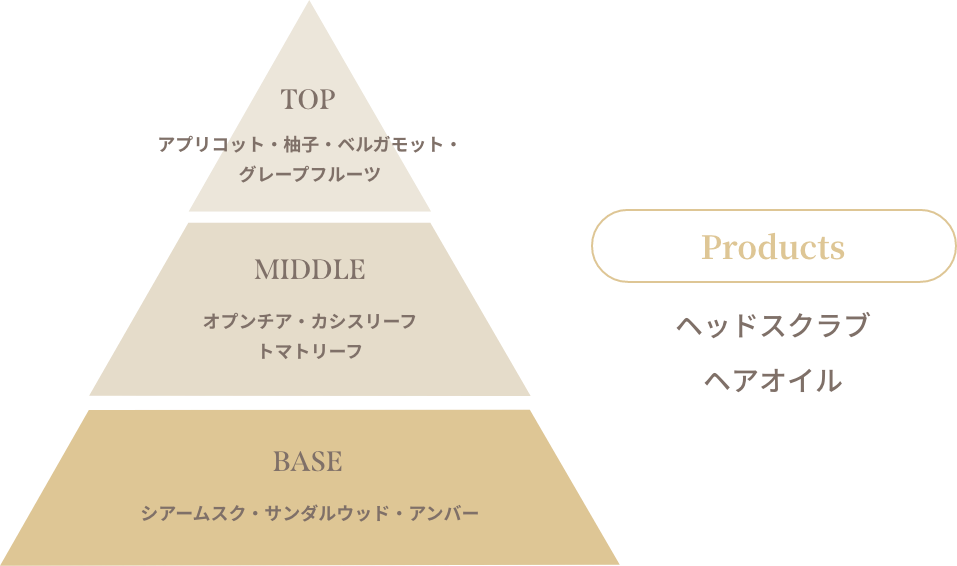 トップはアプリコット、柚子、ベルガモット、グレープフルーツ、ミドルはオプンチア、カシスリーフ、トマトリーフ、ベースはシアームスク、サンダルウッド、アンバー