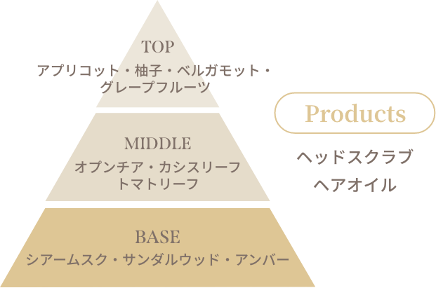 トップはアプリコット、柚子、ベルガモット、グレープフルーツ、ミドルはオプンチア、カシスリーフ、トマトリーフ、ベースはシアームスク、サンダルウッド、アンバー